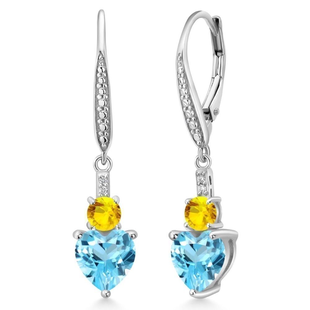 925 Sterling Silver with 3.75 Cttw Blue Topaz and Yellow Sapphire Heart Earrings